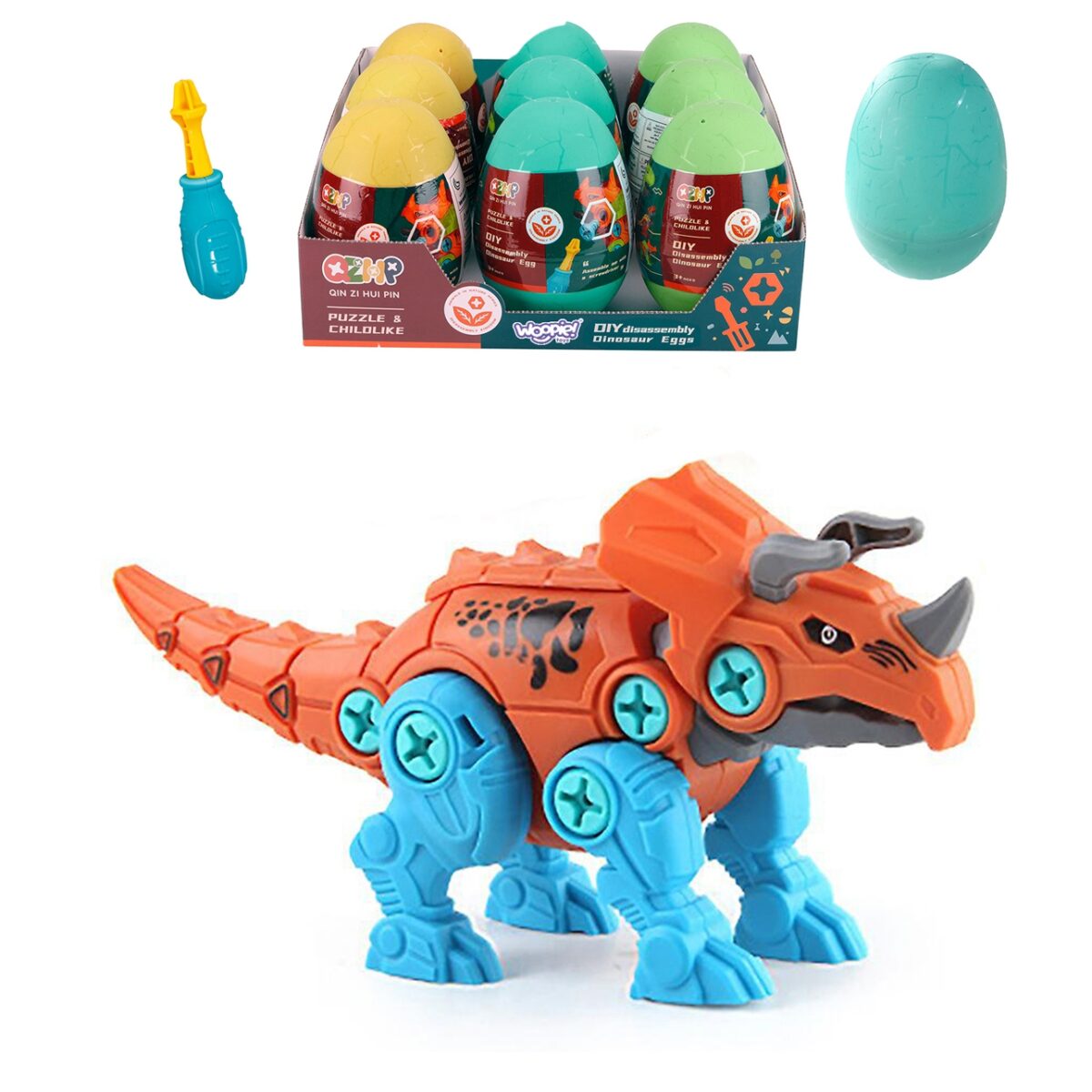 Konstrukcinis dinozauras kiaušinyje su atsuktuvu – Triceratopas
