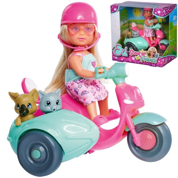 Lėlė Evi ant motorolerio su šunimi ir kate